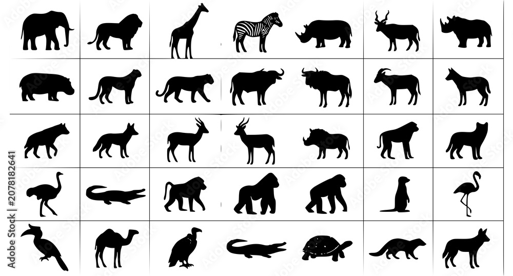 Obraz premium African savanna animal silhouette vector set with wild wildlife safari icons