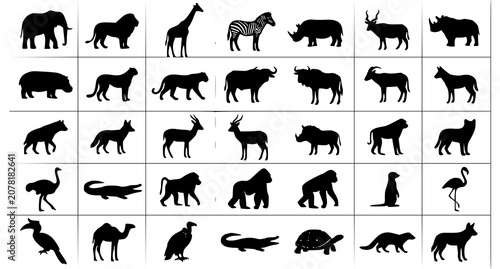 Photography African savanna animal silhouette vector set with wild wildlife safari icons