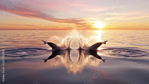 Two dolphins leaping from the ocean during a golden sunset