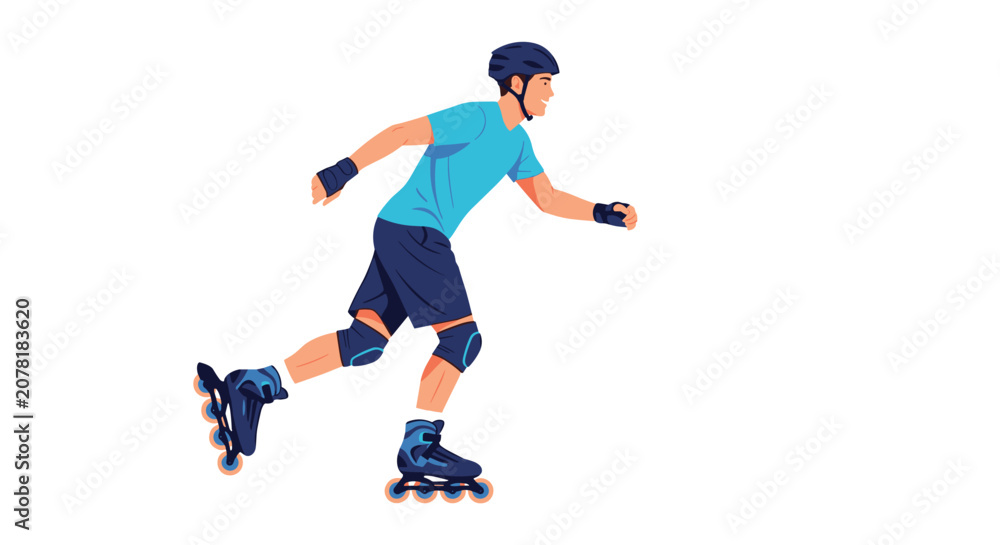 Fototapeta premium Fit young man rollerblading with focus and determination while wearing a helmet and protective pads in a flat illustration.