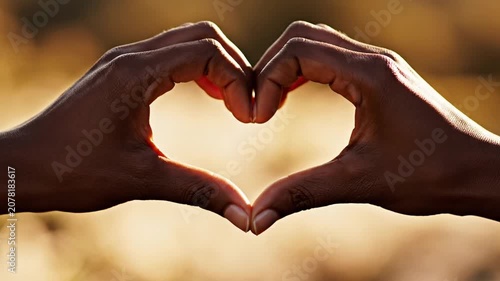 Two hands forming a heart shape against a warm golden background