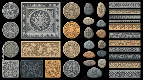 Collection of carved stone tiles, decorative borders, engraved coins and natural pebbles isolated on black background.