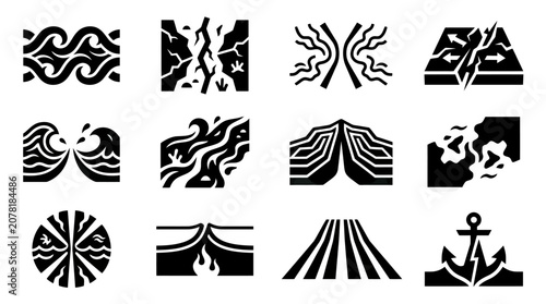 Fotografie Set of stylized icons representing natural phenomena and geological events