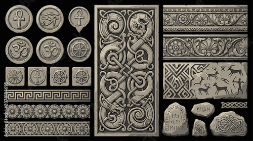 Ancient carved stone ornament collection with decorative panels, circular symbols and archaeological relief designs on black background.
