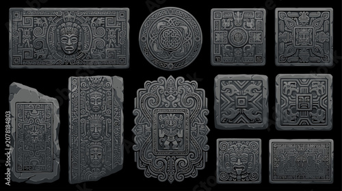 Ancient engraved stone tablets and carved rock artifacts collection isolated on black background, archaeological historical decorative elements.