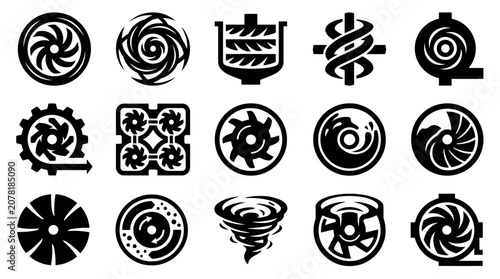 Schilderij op canvas Set of Black and White Icons Representing Mechanical Components and Turbines
