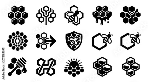 Schilderij op canvas Bee and Honeycomb Icons Set: Vector Graphics for Natural Products and Apiary Bra