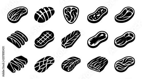 Collection of Raw Meat Steaks Icons, Grilling Cuts, and Butcher Shop Icons