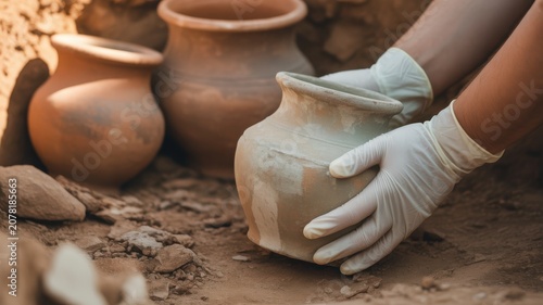 Archaeologist wearing white gloves unearthing ancient pottery from the soil
