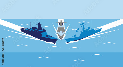 Naval warships sailing on blue ocean, military fleet, modern frigates in formation