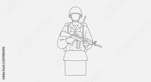 Soldier holding rifle, military concept, outline drawing, white background
