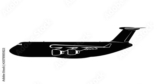 Black Silhouette of a Large Cargo Airplane with Four Engines on White Background