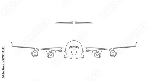 Front View Sketch of a Cargo Airplane with Four Engines on White Background