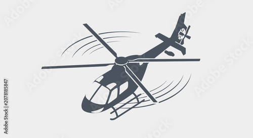 Helicopter flying, rotor blades spinning, motion blur effect, aerial transport icon