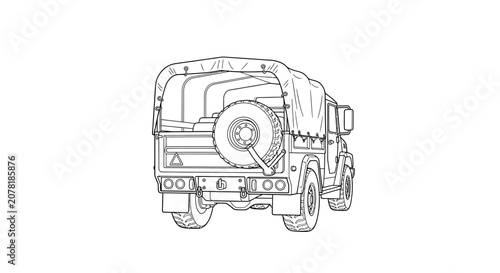 Line Art of a Military Truck with Covered Cargo and Spare Tire