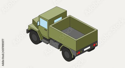 Isometric Military Truck, Olive Green Cargo Vehicle, 3D Rendering