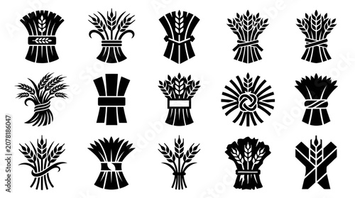 Quadro su tela Wheat Sheaf Icons: Harvest, Agriculture, Grain, Food and Bread Symbol Collection
