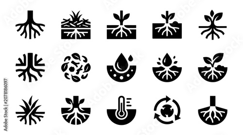 Fotografie Plant Growth Icons: Roots, Soil, Water, Temperature, Cycles