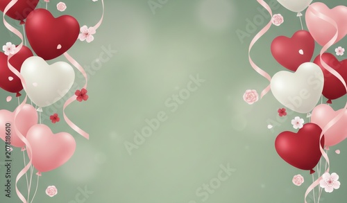 Balloons and Flowers Border Background with Copy Space for Valentine's Day or Mother's Day