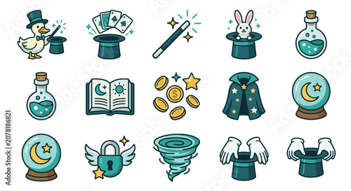 Fotografie Duck themed magic props and wizardry icons.