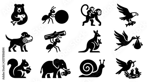 Canvas-taulu Animal Icons Set: Bear, Ant, Monkey, Eagle, Dog, Kangaroo, Stork, Squirrel, Elep