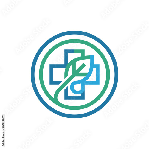 Healthcare cross and green leaf circular medical emblem.