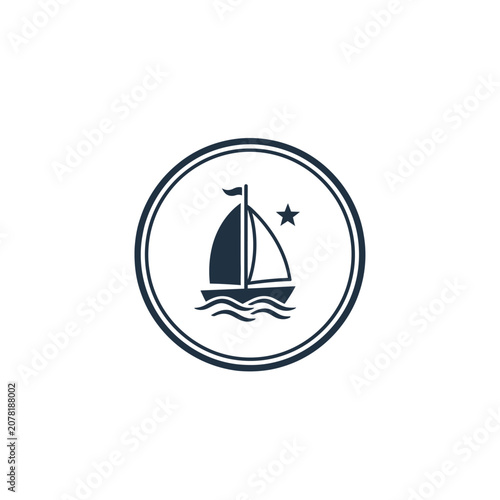 Nautical sailing boat circular icon with star and waves.