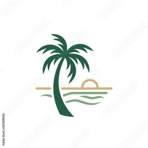 Simple palm tree wave and sun icon.