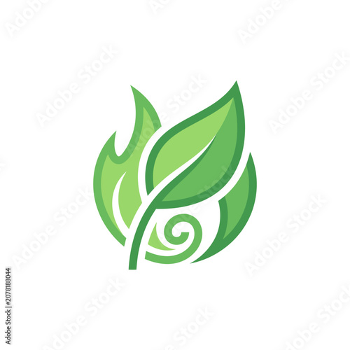 Stylized green leaf and fire flame abstract logo icon.