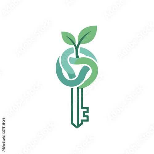 Green key icon with plant sprout for sustainability.