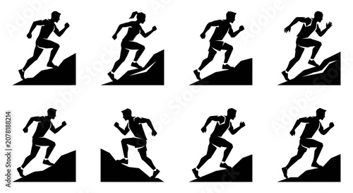 Billede på lærred Silhouettes of runners ascending a hill, symbolizing effort and achievement