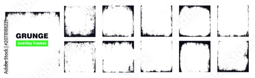 Set of square grunge overlay frame and background with grime and rugged effect. Border vintage texture collection.