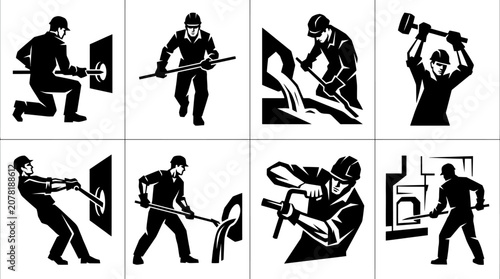 Foto Industrial worker icons: casting, metalwork, forging, heavy industry silhouettes