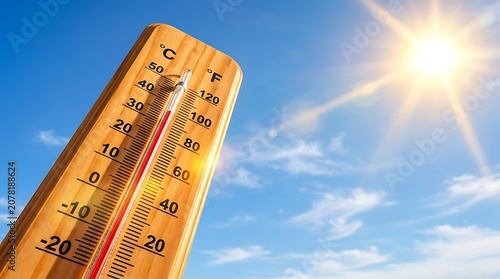 Wooden thermometer showing high temperature under bright sun in clear blue sky representing hot summer weather concept or climate change global warming heat wave environmental issue.