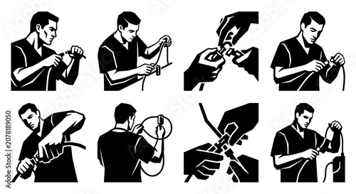 Fotografie Man Connecting Cable and Connector, Step-by-Step Instructions