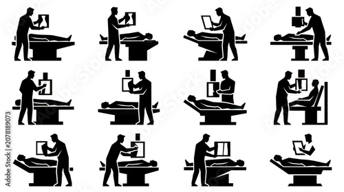 Foto Radiology Icons: Doctor Examining Patient X-ray Images on Medical Table