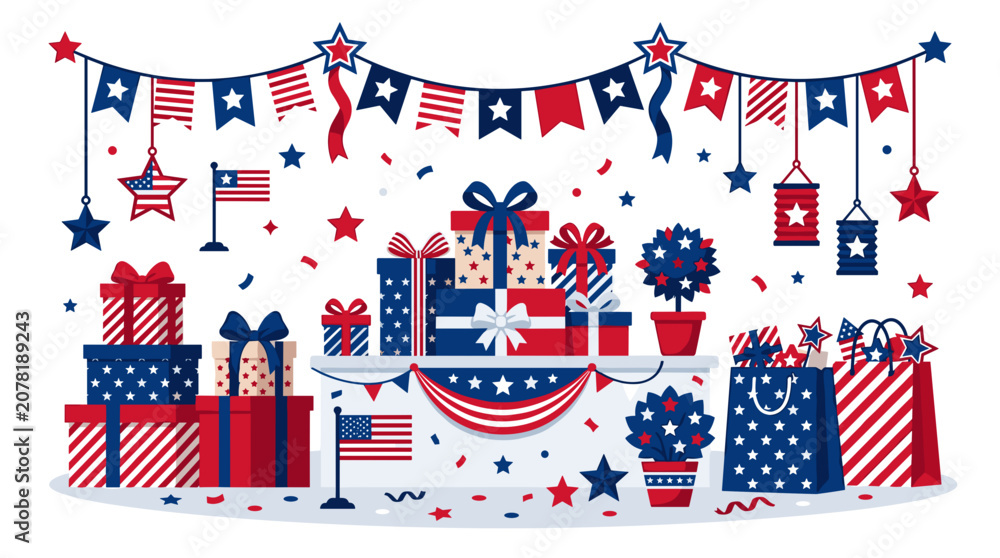 Obraz premium American Independence Day Celebration with Gifts and Decorations