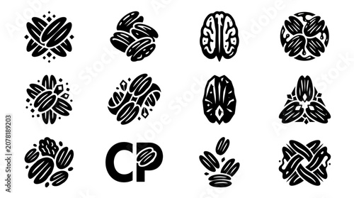 Photos Abstract Icons: Coffee Beans, Brains, and Organic Shapes - Black and White Colle