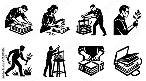 Foto Bookbinding and Printing Process Icons: From Plant to Press
