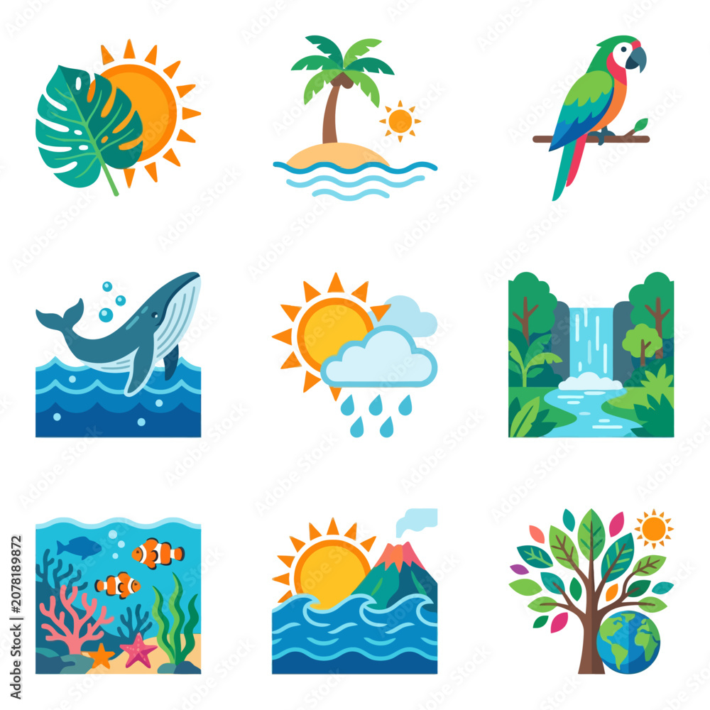 Fototapeta premium Tropical nature and summer vacation vector icon set featuring exotic animals, plants, beach, ocean, and weather elements