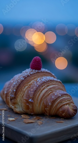 Delicious Croissant with Raspberry on a City Balcony at Sunset.