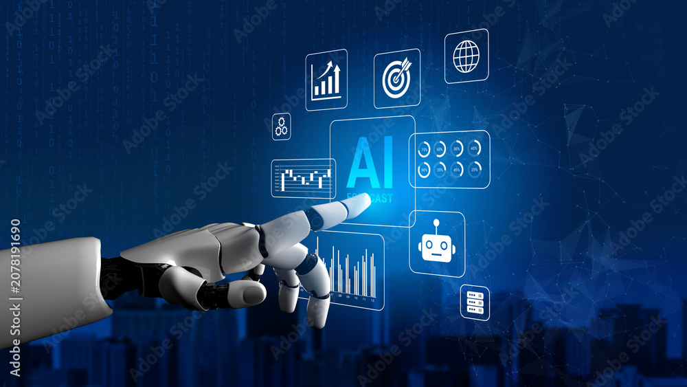 Obraz premium Futuristic Robot Hand Interacting with Digital AI Icons and Data Visualizations in a Technology-Inspired Setting. Glyphic.