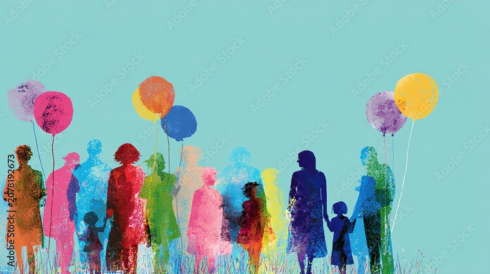 Fototapeta premium Group of people with balloons celebrating together outside on a bright day
