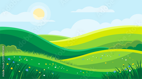 Flat vector illustration of rolling green hills under a bright sun and blue sky with wildflowers in a vibrant summer meadow landscape