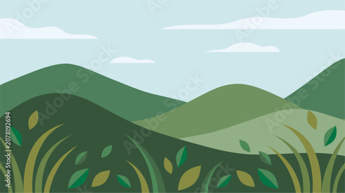 Serene Green Landscape Illustration Featuring Rolling Hills and Lush Meadow Foliage for Natural Scenery Backgrounds