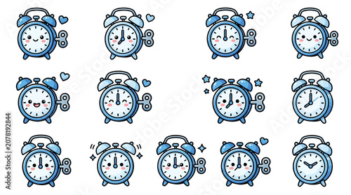 Bild auf Leinwand Cute blue wind-up alarm clock character collection.