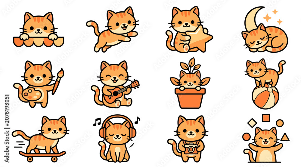 Fototapeta premium Creative kawaii orange cat characters engaged in hobbies.