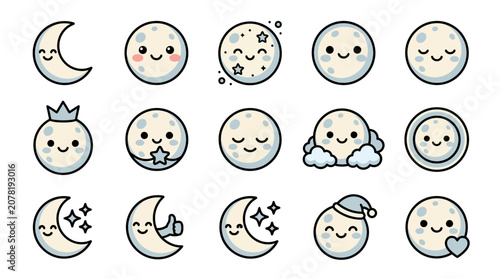Quadro su tela Cute crescent and full moon character icon collection.