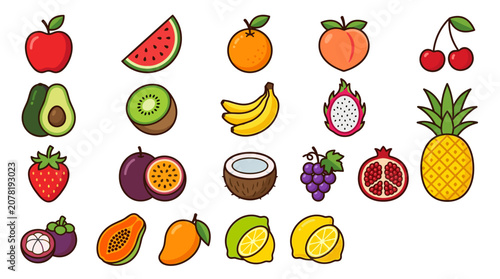 Collection of Fresh Tropical and Seasonal Fruit Vector Icons for Healthy Diet and Organic Food Design
