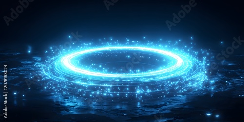 Glowing blue energy ring with particles in dark background.